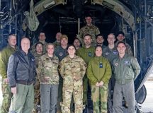 U.S. Air Force Airmen assigned to the 86th Aeromedical Evacuation Squadron and Royal Norwegian Air Force airmen assigned to the Royal Norwegian Medical Corps pose for a photo outside of a C-130J Super Hercules aircraft at Ramstein Air Base, Germany, Feb. 14, 2024. The American and Norwegian aeromedical evacuation teams met to strengthen the relationship between NATO allies.(U.S. Air Force photo by Airman 1st Class Olivia Sampson)
