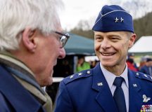 U.S. Air Force Maj. Gen. Derek France, Third Air Force commander, speaks with a German citizen during the United States Army Air Corps Boeing B-17 Flying Fortress “Solid Sender” aircraft memorial service in Alschbach, Germany, Feb. 25, 2024. "Solid Sender" was shot down during Operation ARGUMENT, an American operation which took place in World War II. Commonly referred to as “Big Week,” the operation consisted of raids against enemy industrial targets and aircraft facilities throughout Central Europe, often with hundreds of bombers and fighters in each raid. (U.S. Air Force photo by Senior Airman Edgar Grimaldo)