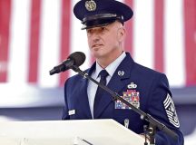 Chief Master Sergeant of the Air Force David Flosi addresses the audience during the chief master sergeant of the Air Force change of responsibility ceremony at Joint Base Andrews, Md. March 8, 2024. Flosi succeeded Chief Master Sgt. of the Air Force JoAnne Bass as the 20th chief master sergeant of the Air Force. (Air Force Photo by Andy Morataya)