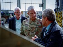 (Left to right) Helmut Haufe, general manager, Theater Logistics Support Center - Europe, talks with U.S. Army Maj. Gen. Charles Costanza, deputy commanding general, U.S. Army Europe and Africa, and Markus Cappel, director, Maintenance Activity Kaiserslautern, as they conduct a tour of the MAK on Kaiserslautern Army Depot, Kaiserslautern, Germany, on March 20, 2024. The MAK has a couple hundred maintenance specialists there who provide field and sustainment maintenance for wheeled, tracked and all other automotive equipment and components in support of sustainment, deployment, redeployment and reset of the Army in Europe. (U.S. Army photo by Spc. Samuel Signor)