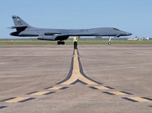 A U.S. Air Force B-1B Lancer, assigned to Dyess Air Force Base, Texas, taxis after a landing at Morón Air Base, Spain, April 12, 2024. Four B-1B Lancers, Airmen and equipment are forward deployed to Morón AB for the BTF, which provides an opportunity to build Ally and partner capacity while improving effectiveness and interoperability across the European theater. (U.S. Air Force photo by Airman 1st Class Eve Daugherty)