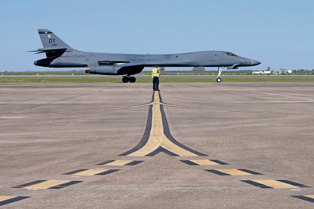 A U.S. Air Force B-1B Lancer, assigned to Dyess Air Force Base, Texas, taxis after a landing at Morón Air Base, Spain, April 12, 2024. Four B-1B Lancers, Airmen and equipment are forward deployed to Morón AB for the BTF, which provides an opportunity to build Ally and partner capacity while improving effectiveness and interoperability across the European theater. (U.S. Air Force photo by Airman 1st Class Eve Daugherty)