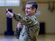 U. S. Army Garrison Rheinland-Pfalz commander, Col. Reid Furman, gives a thumbs up as he addresses the participants during the garrison’s Volksmarch at the Baumholder Hall of Champions on Smith Barracks, April 3, to raise awareness for Sexual Assault Awareness and Prevention Month. Observed annually in April, SAAPM serves as an essential time to raise awareness about sexual assault and harassment. — Photos by Linda Lambiotte