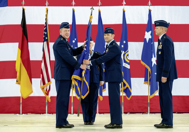 U.S. Air Force Maj. Gen. Paul Moga, United States Air Forces in Europe – Air Forces Africa chief of staff, assumes command of Third Air Force from Maj. Gen. Derek France, Third Air Force commander at Ramstein Air Base, Germany, April 3, 2024. Moga graduated from the U.S. Air Force Academy in 1995 and earned his pilot wings at Laughlin Air Force Base, Texas, accruing over 2,600 flight hours in six types of aircraft. (U.S. Air Force photo by Senior Airman Jordan Lazaro)