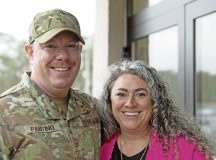 U.S Air Force Capt. Regina Panting, 86th Airlift Wing deputy sexual assault response coordinator, and Chief Master Sgt. Rex Panting, 700th Contracting Squadron senior enlisted leader and Capt. Panting’s spouse, pose together at Ramstein Air Base, Germany, March 13, 2024. Capt. Panting draws strength from her marriage and upbringing to connect with victims and provide her best support as a SARC. (U.S. Air Force photo by Airman Dylan Myers)
