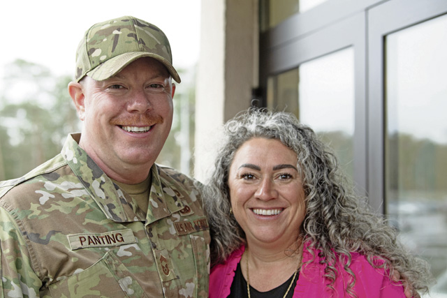 U.S Air Force Capt. Regina Panting, 86th Airlift Wing deputy sexual assault response coordinator, and Chief Master Sgt. Rex Panting, 700th Contracting Squadron senior enlisted leader and Capt. Panting’s spouse, pose together at Ramstein Air Base, Germany, March 13, 2024. Capt. Panting draws strength from her marriage and upbringing to connect with victims and provide her best support as a SARC. (U.S. Air Force photo by Airman Dylan Myers)