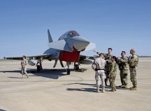 U.S. Air Force security forces defenders assigned to the 496th Air Base Squadron perform a combined patrol with a Spanish air force defender at Morón Air Base, Spain, April 16, 2024. Defenders were tasked to patrol two Eurofighters and a B-1B Lancer assigned to Dyess Air Force Base, Texas, during an aircraft tour for base members and their families. (U.S. Air Force photo by Airman 1st Class Eve Daugherty)