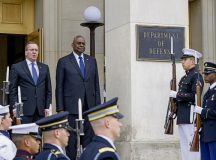 Secretary of Defense Lloyd J. Austin III and German Defense Minister Boris Pistorius stand for the playing of national anthems during an enhanced honor cordon and meeting hosted at the Pentagon, Washington, D.C., May 9, 2024. (DoD photo by U.S. Air Force Tech. Sgt. Jack Sanders)