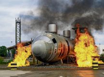 A simulated C-130 aircraft fire took place during an immersion following a German American Security Meeting at Ramstein Air Base, Germany, Sept. 8, 2025. The 86th Civil Engineering Squadron fire department coordinated this display to showcase the process of how their personnel would respond to flightline emergencies. (U.S. Air Force photo by Senior Airman Renan Arredondo)