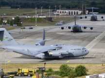 A C-17 Globemaster III aircraft assigned to Air Mobility Command, taxis on Ramstein Air Base, Germany, Sept. 3, 2025. The C-17 airframe is vital to the Air Force’s mission of rapid mobility, where 521st Air Mobility Operations Wing Airmen provide strategic and tactical airlift support. (U.S. Air Force photo by Senior Airman Sabrina Fuller-Judd)
