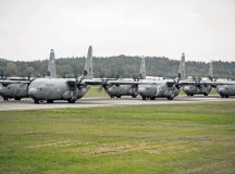 U.S. Air Force C-130J Super Hercules aircraft assigned to the 86th Operations Group line up in formation for a maximum generation event at Ramstein Air Base, Oct. 15. Maximum generation training events entail large-scale drills designed to test and enhance the Department of the Air Force’s ability to generate airpower in support of emergent national security requirements. Photo by Senior Airman Vaughn Weber