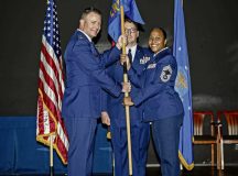 U.S. Air Force Chief Master Sgt. Davisha Ware, right, 86th logistics readiness group incoming senior enlisted leader, assumes responsibility of the 86 LRG from Col. Jason Wolff, left, 86th LRG commander. The 86th LRG is composed of four squadrons and provides training, planning, supply and transportation ensuring wing readiness.