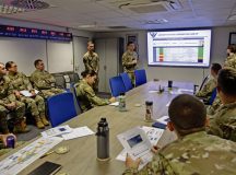 U.S. Air Force 86th Aircraft Maintenance Squadron and 86th Maintenance Squadron leadership listen to a briefing during the Ignite Weapons School at Ramstein Air Base, Oct. 24. During the school, the two teams showcased different perspectives on how to be ready for a short-notice deployment.