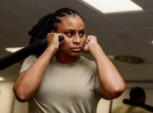 U.S. Air Force Airman 1st Class Shereika Mitchell, 86th Mission Support Group scheduling technician, stands in an offensive stance during combatives training at Ramstein Air Base, Oct. 23. Airmen from various units on Ramstein Air Base, underwent the security forces augmentee training to learn essential aspects and techniques of base defense operations in support of the 86th Airlift Wing mission in times of crisis. Photo by Senior Airman Renan Arredondo