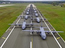 U.S. Air Force C-130J Super Hercules aircraft return to base for maximum generation at Ramstein Air Base, Oct. 15. Maximum generation is a demonstration that showcased Ramstein’s rapid ability to execute airlift missions across multiple theaters. 
Photo by Maj Derek Brockmann