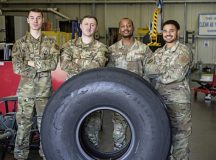 U.S. Air Force Airmen assigned to the 86th Maintenance Squadron pose for a photo at the Wheel and Tire Shop at Ramstein Air Base, Oct. 1. Despite being only a four-person team, the Wheel and Tire Shop repairs an average of 136 C-130J Super Hercules wheels each year, ensuring aircraft remain mission-ready to support operations across Europe and Africa.