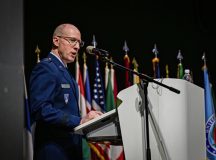 U.S. Air Force Lt. Gen. Jason T. Hinds, U.S. Air Forces Europe – Air Forces Africa and NATO Allied Air Command commander, gives a speech during his assumption of command ceremony at Ramstein Air Base, Oct. 31. During his speech, Hinds highlighted how the commands must continue to rapidly adapt to a new threat environment and work together as Allies and partners to be ready for the high-end fight.