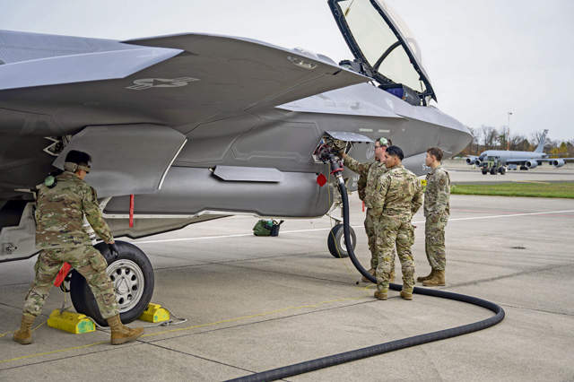 U.S. Airmen assigned to the 435th Contingency Response Group, 86th Logistics Readiness Squadron and 52nd LRS conduct cold refueling operations for an F-35A Lightning II aircraft from the 48th Fighter Wing, RAF Lakenheath, at Ramstein Air Base, Germany, Nov. 14, 2025. This refueling exercise certified 17 Airmen from both the 86th LRS Petroleum, Oils, and Lubricants section and 435th CRG. (U.S. Air Force photo by Senior Airman Vaughn Weber)