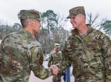 U.S. Air Force Brig. Gen. Stephen P. Snelson, U.S. Air Forces in Europe and Air Forces Africa deputy commander, greets U.S. Air Force Gen. Alexus G. Grynkewich, U.S. European Command commander, during a visit to Ramstein Air Base, Nov. 25. Photo by Senior Airman Renan Arredondo