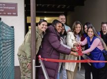 U.S. Air Force Lt. Col. Katherine Kuc, 86th Force Sup­port Squadron com­man­der, and Ramstein Child De­velop­ment Center team members cut the ceremonial ribbon at the newly opened CDC infant rooms at Ramstein Air Base, Jan 20. The ribbon cutting ceremony was held to commemorate the efforts of the 86th Force Support Squadron and CDC efforts over the past six months to reopen the infant childcare facility.