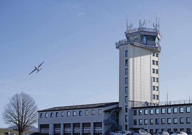 The air traffic control tower at Ramstein Air Base, Germany, controls approximately 26,000 flights a year. The tower maintains direct visual control of the airfield, to include aircraft, personnel and vehicles, with approximately 50 cubic miles of airspace. (U.S. Air Force photo by Senior Airman Jared Lovett)