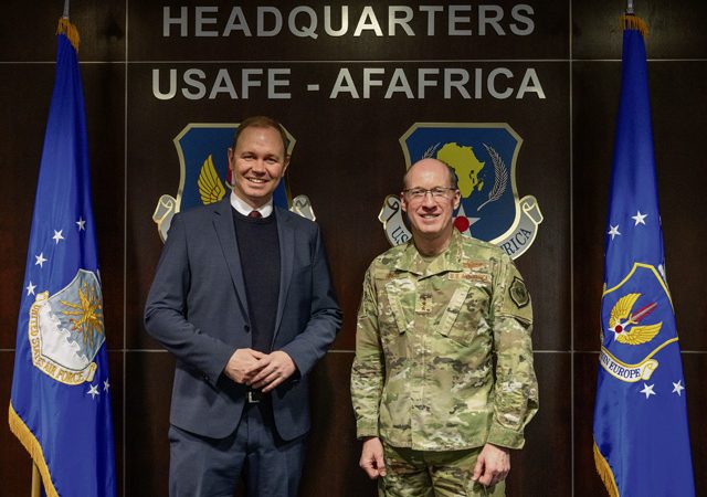 Nils Hilmer, German State Secretary at the Federal Ministry of Defence, and U.S. Air Force Lt. Gen. Jason T. Hinds, commander, U.S. Air Forces in Europe – Air Forces Africa, meet at Ramstein Air Base,  Jan. 21. As part of the visit, the leaders discussed bilateral efforts to advance security and military readiness. Photo by Tech. Sgt. Alexandra M. Longfellow