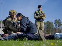 U.S. Air Force Airmen, assigned to the 86th Medical Group, participate in a mass casualty exercise at Ramstein Air Base, Germany, April 15, 2026. The MASCAL exercise trained service members to test their capabilities to work under pressure through various medical scenarios. (U.S. Air Force photo by Airman Paden Henry)