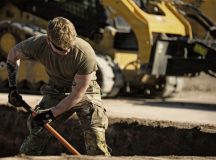 U.S. Air Force Senior Airman Lucas Gauger, 786th Civil Engineer Group electrical journeyman, shovels dirt during Rapid Airfield Deployment Readiness training at Ramstein Air Base, Germany, April 16, 2026. During the training, the 86th CEG repaired a simulated damaged airfield to improve their proficiency in conducting mission-critical repairs. (U.S. Air Force photo by Airman Paden Henry)