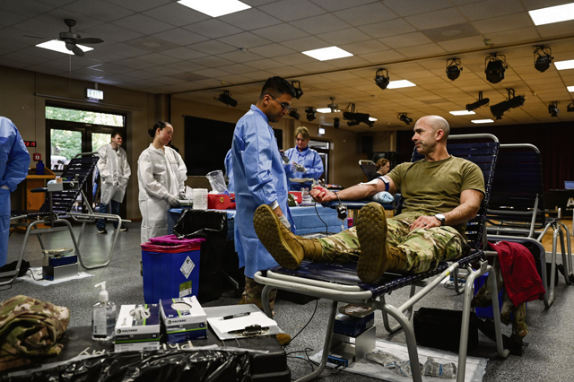 Donors donate blood during a blood drive at Ramstein Air Base, Germany, April 20, 2026. Military blood programs rely on volunteer donors to sustain operations, as whole blood and its components have limited shelf lives and must be continuously replenished. (U.S. Air Force photo by Senior Airman Dylan Myers)