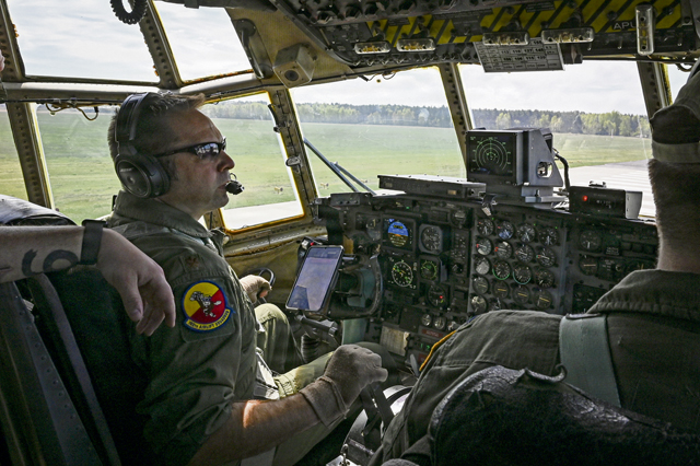 U.S. Air Force Maj. Edwin Fattman, 180th Airlift Squadron pilot, prepares to takeoff on a C-130H Hercules aircraft during Hussar Saber 26-1 at 33rd Airlift Base, Powidz, Poland, April 23, 2026. Exercises such as Hussar Saber strengthen integrated military operations which sharpen decisive combat capabilities and advance modern warfighting, enabling Allies to expand and reinforce their contributions to Europe’s conventional defense. (U.S. Air Force photo by Staff Sgt. Maria Umanzor Guzman)