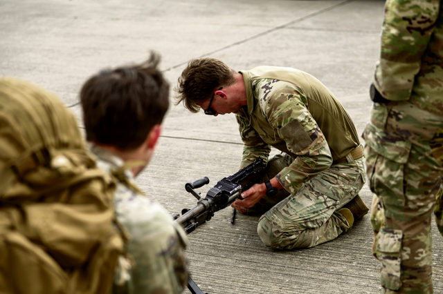 A U.S. Air Force Defender assigned to the 435th Security Forces Squadron assembles an M240 machine gun during Police Week 2026 at Ramstein Air Base, Germany, May 12, 2026. Police Week is hosted annually in remembrance of fallen heroes and those who continue to serve. (U.S. Air Force photo by Senior Airman Vaughn Weber)