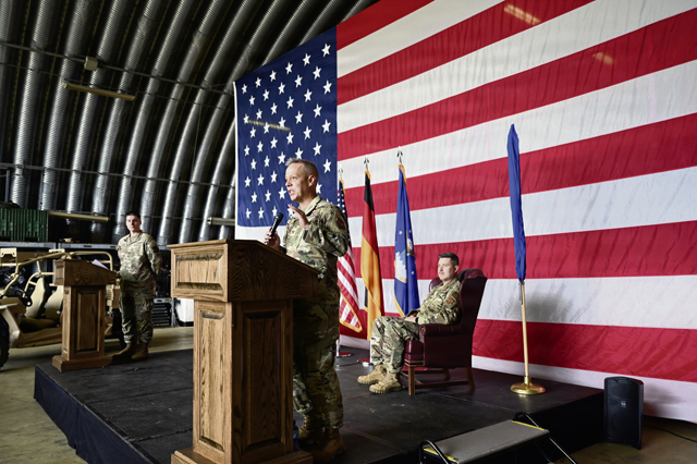 U.S. Air Force Col. Damon Field, 435th Contingency Response Group commander, and U.S. Air Force Lt. Col. David Deal, 435th Tactical Advisory Squadron commander, furl the 435th Contingency Response Support Squadron flag for the last time as the squadron is redesignated the 435 TAS May 8, 2026, at Ramstein Air Base, Germany. The 435th Contingency Response Support Squadron was redesignated the 435 TAS to reaffirm their core air advisor mission. Air advisors embed with Allies and partners before, during, and after contingency situations ensuring a persistent forward presence across all states of conflict. (U.S. Air Force photo by Capt. Amber R. Kelly-Herard)