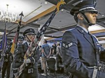 86th Airlift Wing Honor Guard exits the Length of Service Ceremony at Ramstein Air Base, Germany, June 25, 2026. More than 40 U.S. and German civilian honorees received certificates for their dedication of service during the Length of Service ceremony. (U.S. Air Force photo by Senior Airman Dylan Myers)