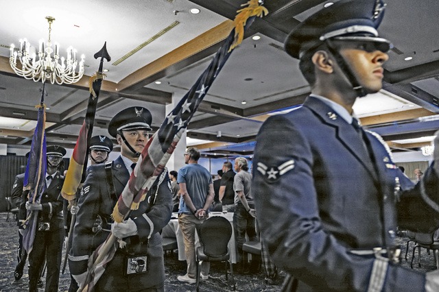 86th Airlift Wing Honor Guard exits the Length of Service Ceremony at Ramstein Air Base, Germany, June 25, 2026. More than 40 U.S. and German civilian honorees received certificates for their dedication of service during the Length of Service ceremony. (U.S. Air Force photo by Senior Airman Dylan Myers)