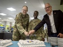 U.S. Air Force Col. Denny R. Davies, left, 86th Airlift Wing commander, Ralf Hechler, right, Ramstein-Miesenbach mayor, and Airman Basic Paola Kpandja, 86th Maintenance Squadron C-130J Super Hercules avionics apprentice, cut a birthday cake during the 86th AW’s 78th birthday celebration at the Rheinland Inn Dining Facility on Ramstein Air Base, Germany, July 1, 2026. The ceremony commemorated the wing’s activation on July 1, 1948, and recognized nearly eight decades of supporting air mobility, humanitarian assistance and global operations around Europe and beyond. (U.S. Air Force photo by Airman 1st Class Rebecca Harima)