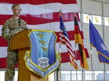 U.S. Air Force Col. Nicholas D. Kuc, 435th Communications Operations Group commander, addresses attendees during the 435 COG change of command ceremony at Ramstein Air Base, Germany, July 10, 2026. Kuc completed Expeditionary Communications Officer training in August 2004, and has held positions across squadron, wing, and joint staff levels throughout his career. (U.S. Air Force photo by Staff Sgt. Jon P. Anderson)
