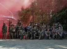 U.S. Air Force Airmen assigned to the 569th U.S. Forces Police Squadron, pose for a group photo at Kapaun Air Station, Germany, July 23, 2026. The Airmen participated in a field training exercise that was dedicated to exposing them to drone warfare, land navigation, integrated defense operations, communication techniques, infantry movements and mounted and dismounted operations. (U.S. Air Force photo by Airman 1st Class Paden Lancaster)