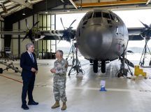 by Senior Airman Jason Jones Jr.
U.S. Air Forces in Europe - Air Forces Africa
Metin Hakverdi, German Coordinator of Transatlantic Cooperation, left, receives a mission brief from U.S. Air Force Master Sgt. Devon Bullock, 37th Aircraft Maintenance flight chief, during his orientation visit to Ramstein Air Base, Germany, July 13, 2026. During his visit, Hakverdi learned more about the C-130J Super Hercules and its important role in airlift operations across the theater.
