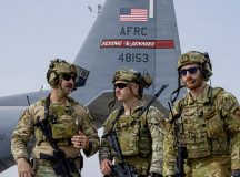 From left, U.S. Air Force Staff Sgt. Javier Berganza, 726th Expeditionary Mission Support Squadron Fly Away Security team lead, Airman First Class Hayden Hardin, FAST member, and Staff. Sgt. Matthew Weiner, FAST lead, completed a final review, before executing the FASEX 26.2, Camp Lemonnier, Djibouti, June 30, 2026. The FASEX brought together aircrew from the 75th EAS and 726th EMSS, FAST Airmen to exercise a contact scenario focused on uniting Security Forces’ tactics and understanding with airlift crews to establish a unified defense against potential adversaries in high-threat regions. (U.S. Air Force photo by Master Sgt. Carlin Leslie)
