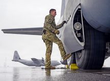 U.S. Air Force Master Sgt. Alexander Lauher, 86th Operations Support Squadron wing tactics flight chief, performs pre-flight checks and secures the wheel well doors on a C-130J Super Hercules aircraft for a flight supporting exercise Northern Viking 26 at Keflavík Air Base, Iceland, Aug. 22, 2026. NV26 strengthens interoperability and force readiness among the U.S., Iceland and Allied nations, enabling multidomain command and control of joint and coalition forces defending Iceland and defending the increasingly contested Arctic and North Atlantic. (U.S. Air Force photo by Senior Airman Edgar Grimaldo)