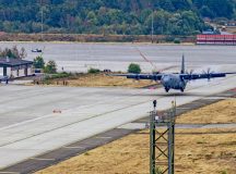 A C-130J Super Hercules aircraft lands on a taxiway at Ramstein Air Base, Aug. 18. The training ensured airfield personnel maintain the proficiency required to execute precision landings on short, narrow and unmarked strips of land. Photo by Airman 1st Class Joseph Curzi