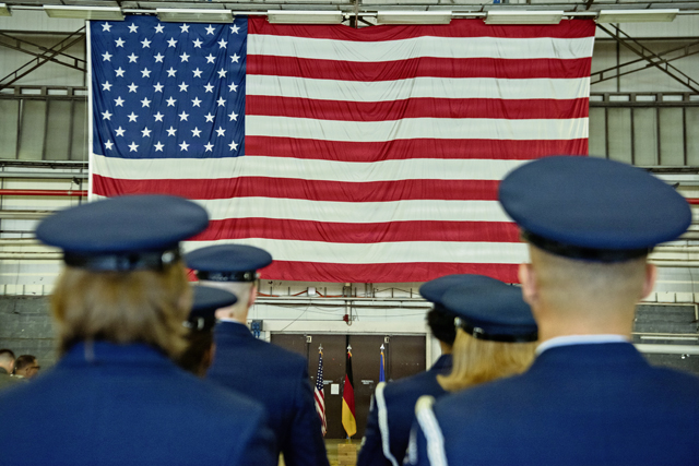 Ramstein Air Base Honor Guard pallbearers prepare to perform a mock funeral sequence during an honor guard graduation at Ramstein Air Base, Germany, July 28, 2026. Ramstein honor guardsmen conduct ceremonies across five European countries including France, Switzerland, Liechtenstein, Austria and Germany. (U.S. Air Force photo by Airman 1st Class Michelle Sies)