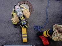 U.S. Air Force Staff Sgt. Brycen Hand, right, 86th Civil Engineer Squadron Fire and Emergency flight station chief, instructs Airman 1st Class William Schwartz, 86th CES firefighter, during strength and endurance training at Ramstein Air Base, Germany, Aug. 6, 2026. Firefighters tested their physical capabilities through a series of firefighter-specific challenges designed to mirror the demands of real-world emergencies. (U.S. Air Force photo by Airman 1st Class Joseph Curzi)