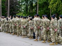86th Security Forces Squadron Airmen stand at parade rest during the opening remarks of the 9/11 memorial march at Ramstein Air Base, Germany, Sept. 11, 2026. The event organizers designed the remembrance ceremony as a way to encourage reflection on the 25th anniversary of the 9/11 attacks and challenge participants to honor the legacy of the heroes and victims from that day.