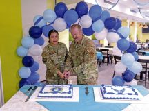 U.S. Air Force Airman Hillary Cevallos Castillo, 86th Comptroller Squadron financial operations technician, and Chief Master Sgt. Joseph Wooldridge, 86th Munitions Squadron senior enlisted leader, cut a cake during the 79th Air Force birthday celebration at Ramstein Air Base, Germany, Sept. 18, 2026. The ceremony was held to celebrate the Air Force’s 79th birthday and honor the heritage that continues to inspire generations of Airmen. (U.S. Air Force photo by Senior Airman Jason Jones Jr.)