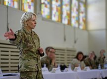 U.S. Air Force Col. Liana Vogel, 86th Medical Group deputy group commander, addresses attendees during an 86th MDG open house at Ramstein Air Base, Germany, Sept. 29, 2026. Vogel discussed appointment scheduling, the patient portal, pharmacy services and access to care, giving patients an opportunity to ask questions directly and provide feedback on challenges affecting health care across the Kaiserslautern Military Community. (U.S. Air Force photo by Senior Airman Edgar Grimaldo)
