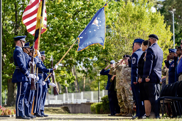 U.S. Air Force Honor Guardsmen assigned to the 86th Airlift Wing present the colors during the national anthems at a POW/MIA commemoration event at Ramstein Air Base, Germany, Sept. 14, 2026. The annual event is a solemn reminder that the sacrifices of the nation's missing service members will never be forgotten, regardless of time passed. (U.S. Air Force photo by Senior Airman Dylan Myers)